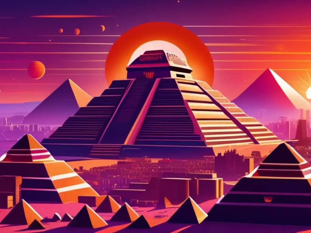 Intricate asteroid belt in Aztec skyline, sun rises, casting warm tones