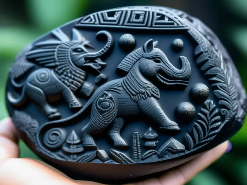 An astonishing closeup of the black obsidian asteroid portrays intricate carvings of the Aztec creation story