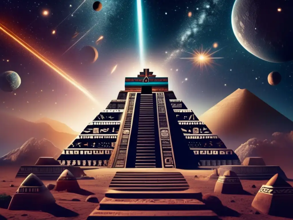 A mesmerizing sky filled with intricate Aztec religious symbols, surrounded by asteroids and comets, creating a captivating supernatural display