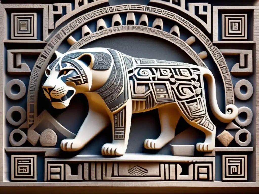A photorealistic depiction of a jaguar carving on a stone surrounded by intricate geometric patterns, highlighting the connection between ancient indigenous cultures and their beliefs about asteroids