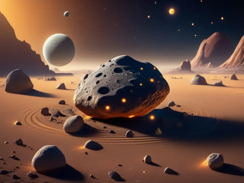A stunning photorealistic image of Asteroid B612 from 'The Little Prince,' showcasing its intricate, uneven cratered surface and diverse rock formations, with a vivid color palette that perfectly captures its unique appearance and texture