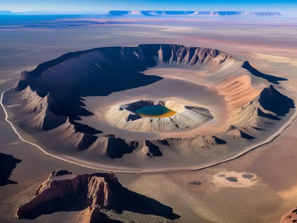 Barringer Crater, surrounded by a mesmerizing desert landscape featuring stunning rock formations and jagged cliffs