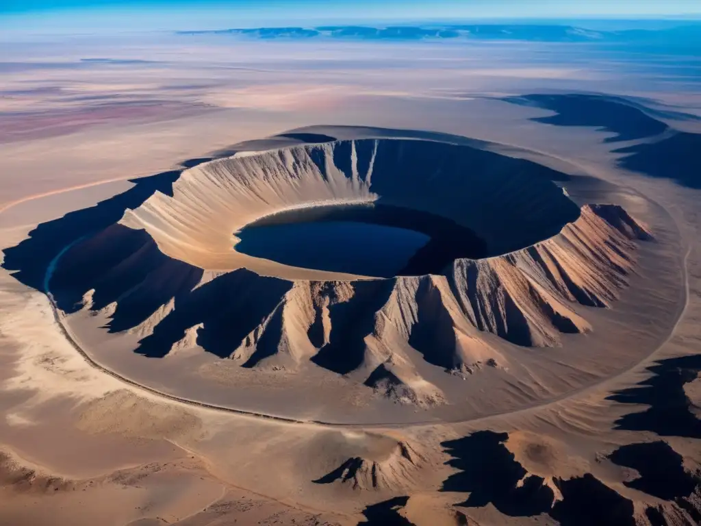 A stunning aerial view of the Barringer Crater in detail, with jagged edges and semicircular shape, surrounded by harsh, barren landscape, with intense shadows and highlights to capture the harsh environment, truly breathtaking