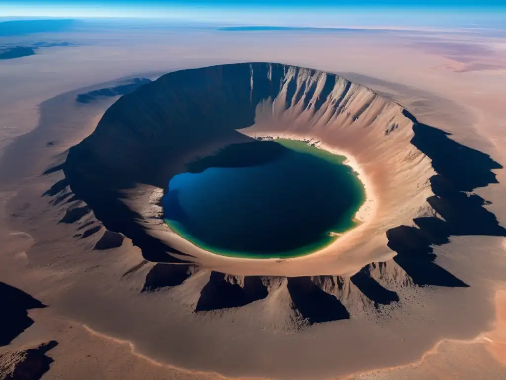 A breathtaking view of the Barringer Crater from above, meticulously captured in photorealistic detail