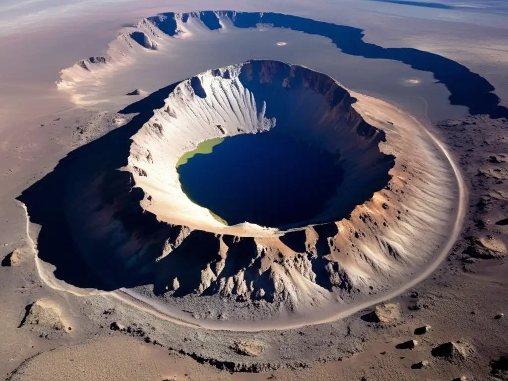 The Barringer Crater in Arizona stands tall, its rugged terrain and rocky outcroppings creating a stunning backdrop for the central depression