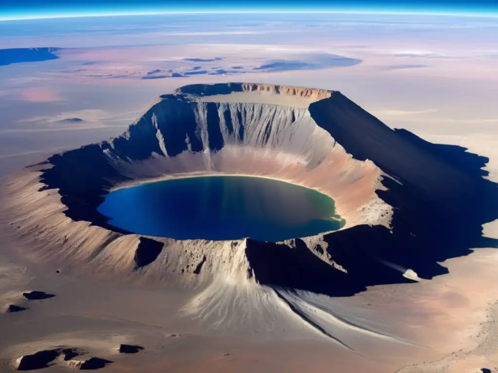 This photorealistic image of the Barringer Crater reveals a central impact site with satellite image of Earth, offering a glimpse into the massive impact's consequences on our planet