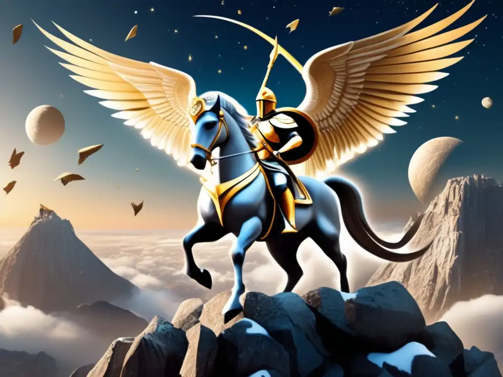 Dash: A breathtaking photorealistic image of Bellerophon, the Greek hero who tamed Pegasus, amidst millions of illuminated asteroids in his royal armor, holding the reins of the majestic Pegasus