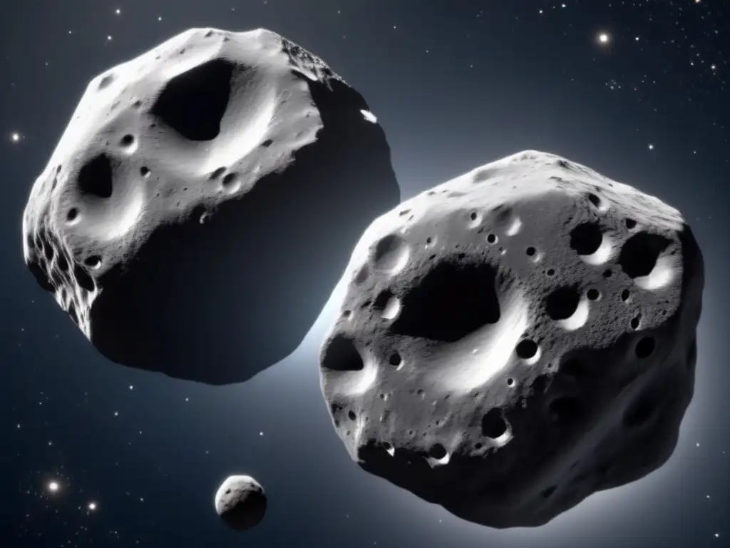 A striking closeup of two binary asteroids orbiting each other in space, with one black and jagged, and the other lighter with craters
