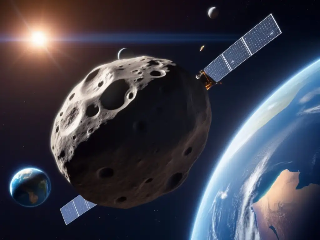 A stunning photorealistic depiction of a futuristic spacecraft on a course towards a binary asteroid orbit, with Earth visible in the background