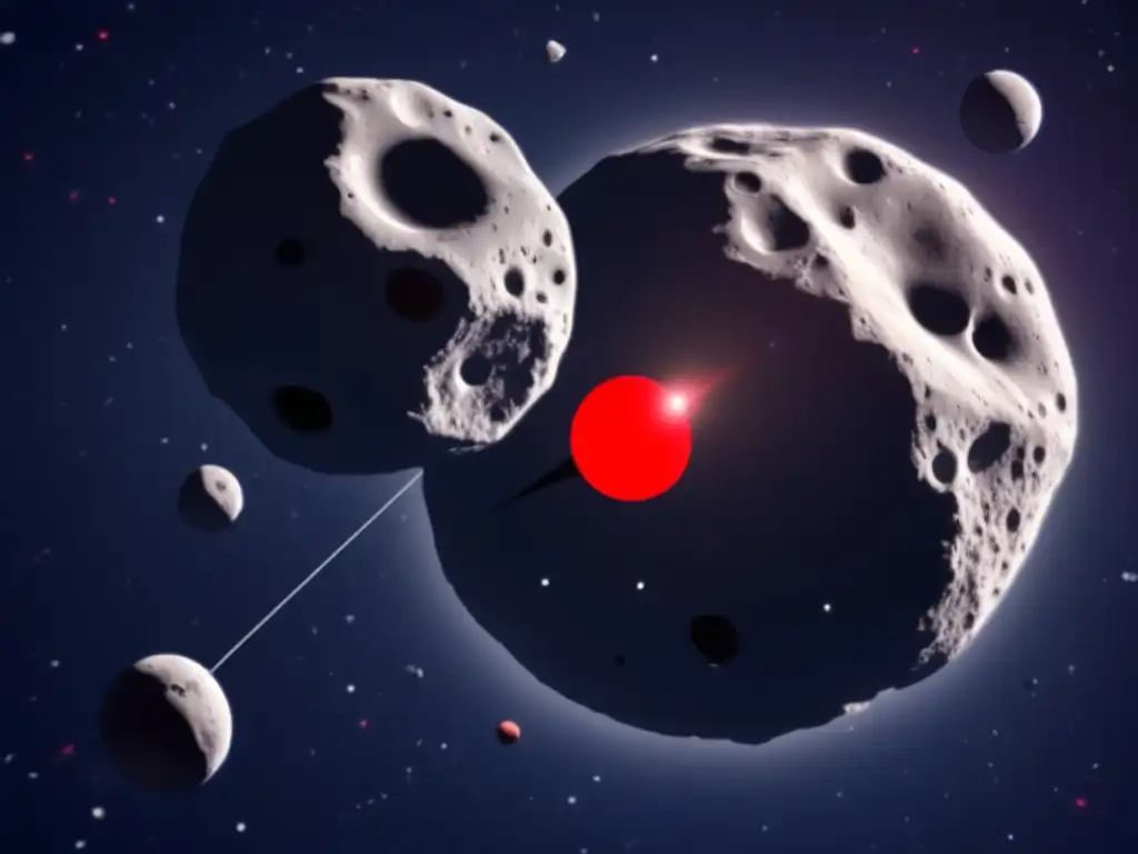 A breathtaking close-up of two asteroids in space, with one marked with a red circle