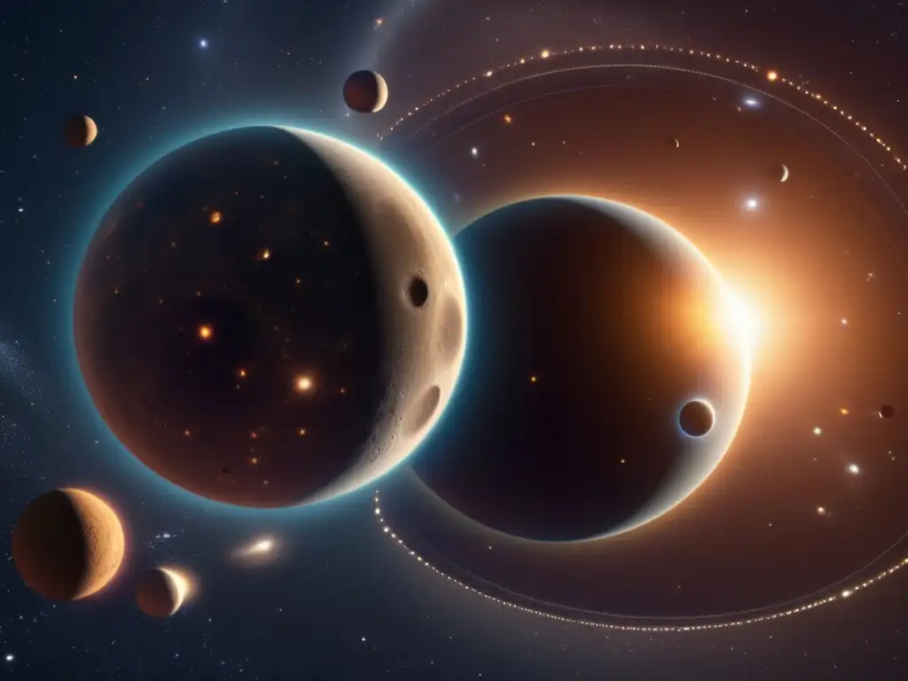 An artistically rendered 3D visualization of Didymos and Dimorphos celestial bodies orbiting around a central sun, with labels indicating their distinct features and scientific information about their composition and characteristics