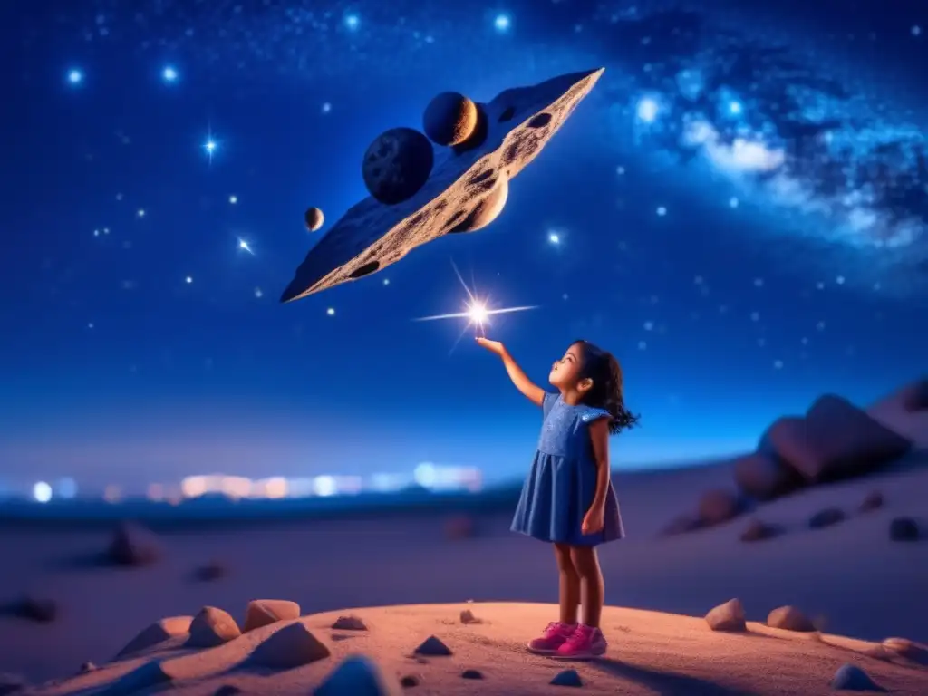 A young, dark-haired girl gazes up at the vast blue and starry sky while holding a large asteroid in her outstretched hand, her eyes wide with wonder and awe