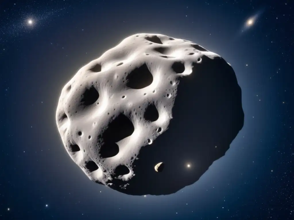 Distant stars faintly illuminate this closeup of Borrelly, a mirrored asteroid with smooth, gray surface smooth craters and rays radiating outward