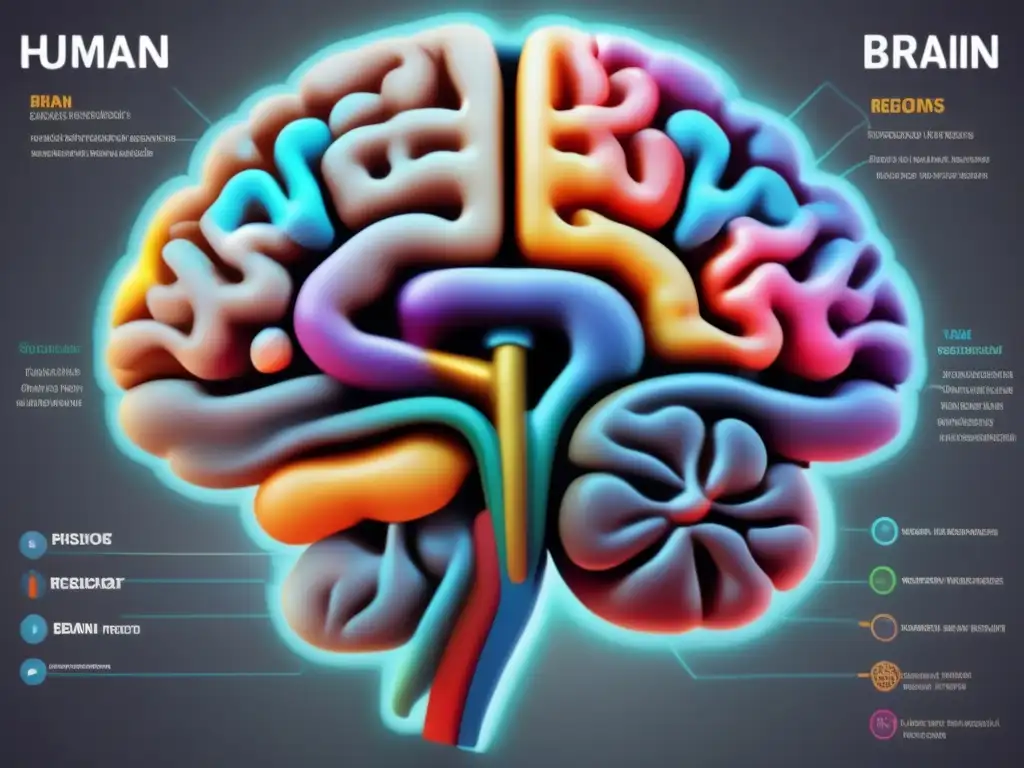 A photorealistic detailed depiction of the human brain viewed from the front, with various regions labeled and highlighted in different colors