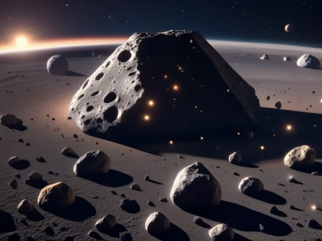 A stunning 8k ultrahigh resolution image of a bright white asteroid with intricate details in the midst of a dark, noisy asteroid belt surrounded by meteoroids and space debris