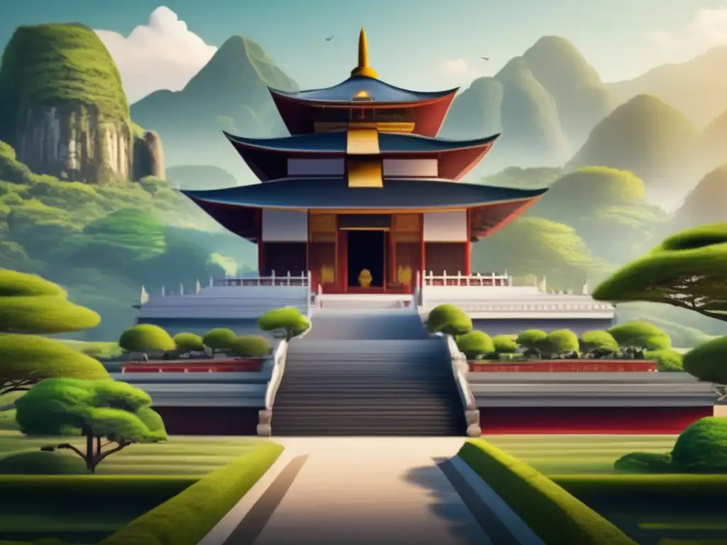 A stunning photograph captures the complex beauty of an ancient Buddhist temple, perched atop a hill overlooking a massive, lush landscape