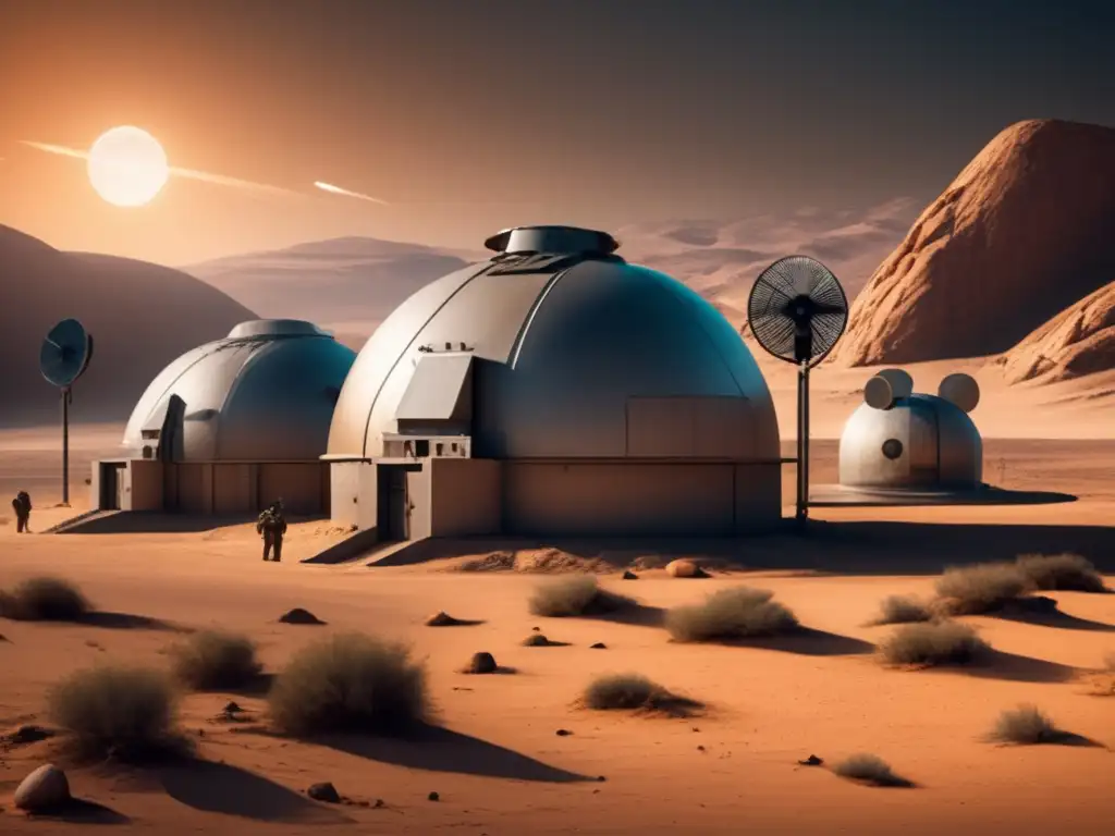 A fortified underground bunker in a barren desert landscape, equipped with satellite dishes and communication equipment