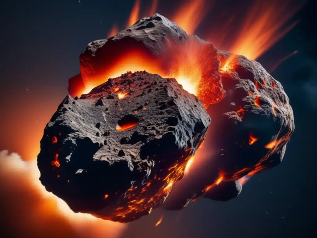 A dynamic closeup of a burning asteroid, with flames and smoke erupting from multiple points on its surface, creating a warm, orange glow