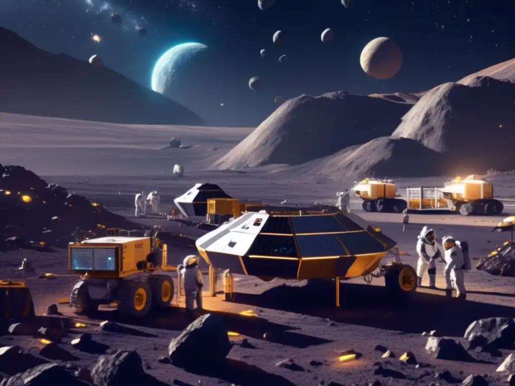 A bustling asteroid mining facility, workers suited up in specialized equipment to mine for valuable resources such as gold, diamonds, and platinum