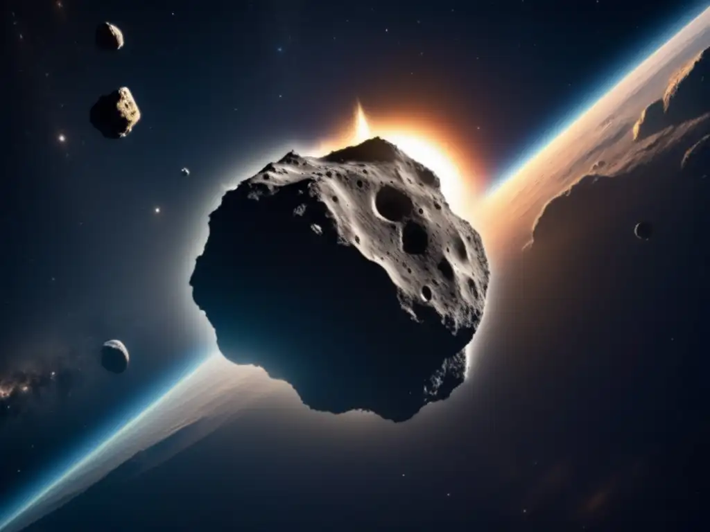 A breathtaking photorealistic image of a dark carbonaceous asteroid, lit from the side, with neverending plumes of dust and debris swirling in space