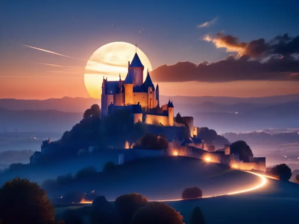 A beautiful medieval French castle looms in the distance as the sun sets over the horizon and a streak of asteroid streaks across the sky