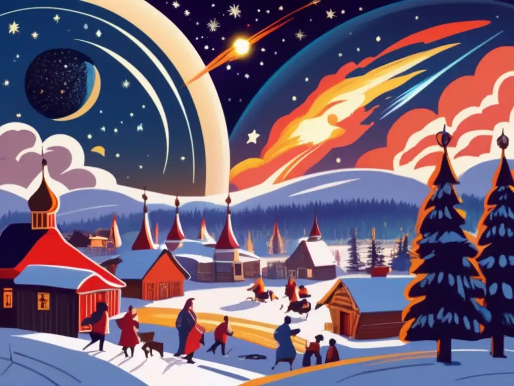 Russian peasants huddle together around their homes, gazing in awe at the celestial body in the sky