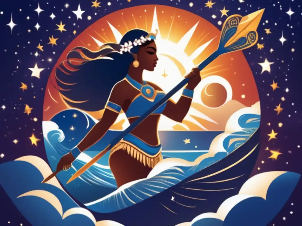 A mystical celestial canvas with a circling asteroid, sun, and sea goddess in traditional Polynesian attire with a spear and sword overhead