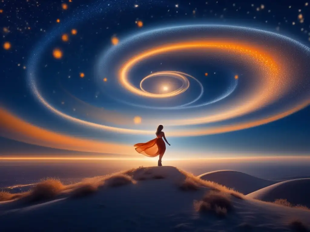 A breathtaking celestial orchestra of orange and white dots swirl above a deep blue expanse