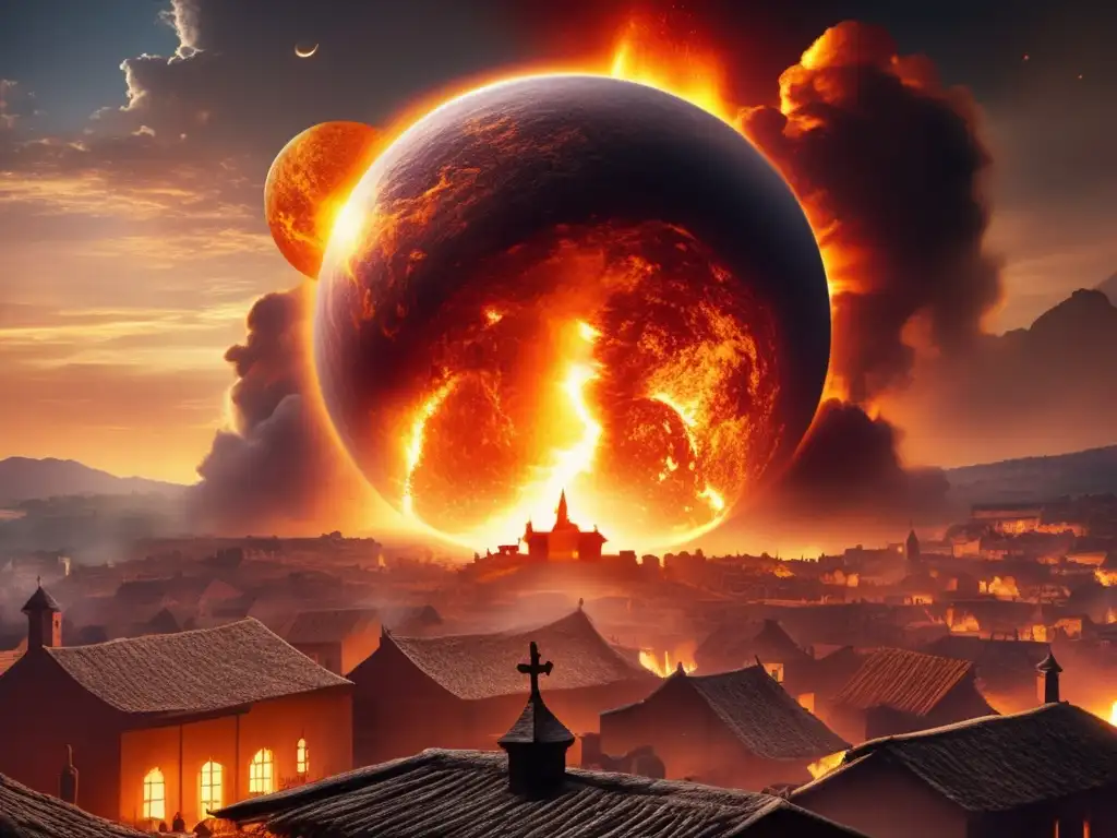 An ethereal orb, ablaze with translucent energy, rises above a desolate village beset by despair and turmoil