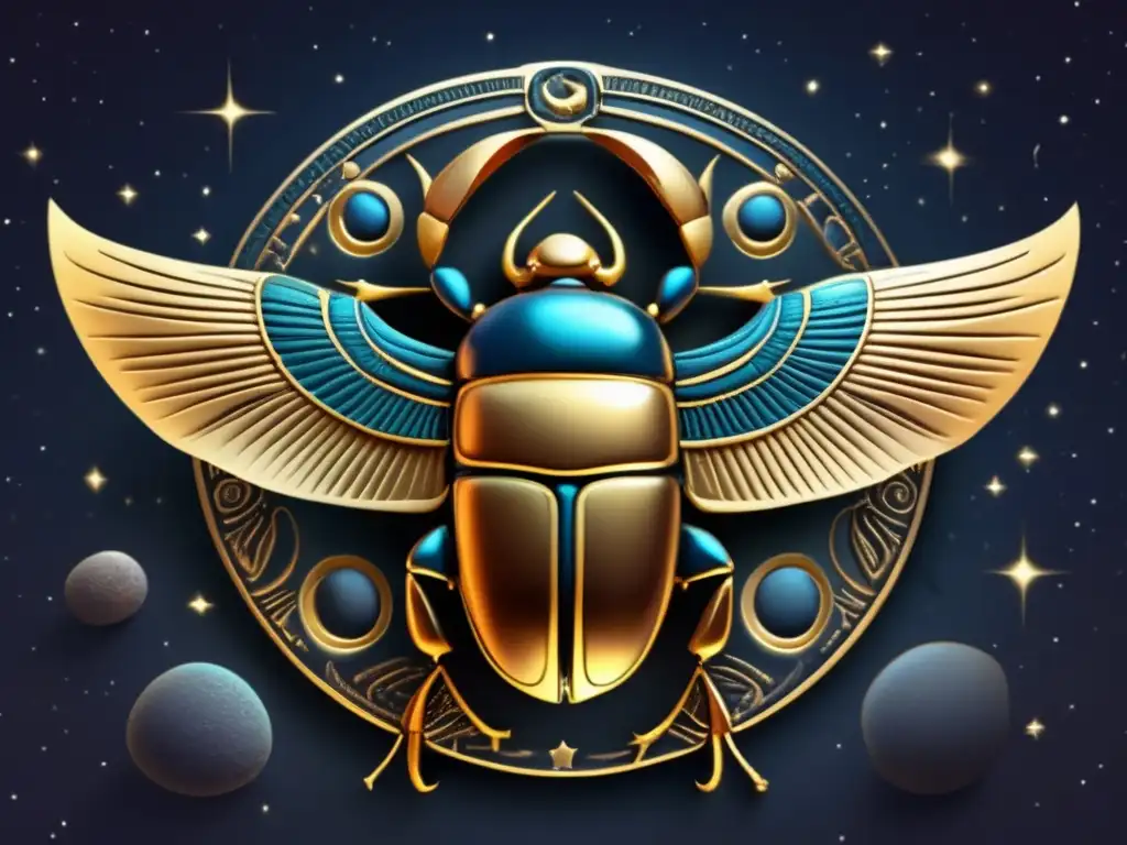 An exquisite scarab beetle, eternally carved with celestial hieroglyphs and set against a cosmic backdrop