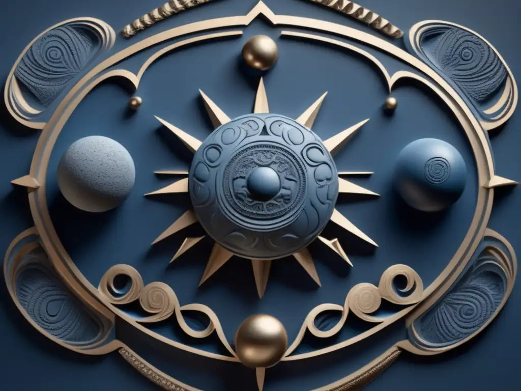 Intricately carved celestial symbols, resembling asteroids, affixed to a muted blue pedestal