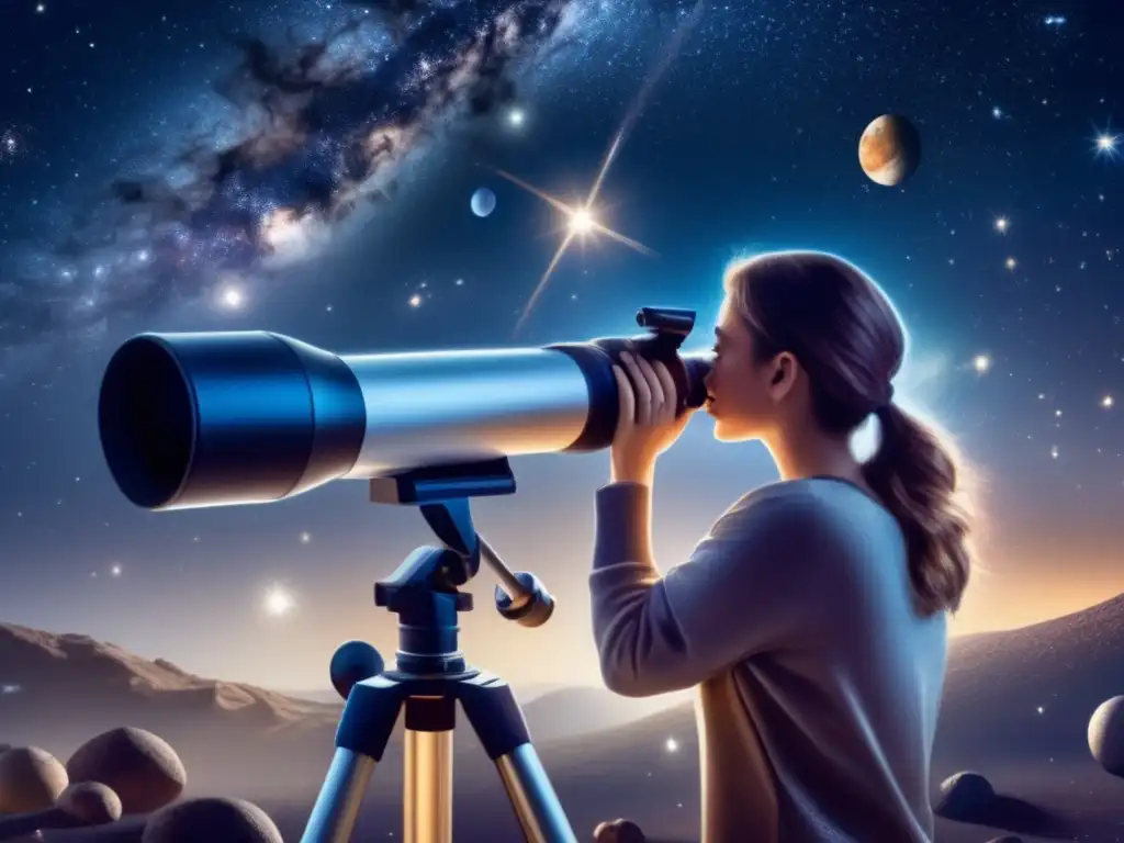 A mesmerizing image of a person gazing at the stars with a telescope, surrounded by celestial bodies like asteroids and galaxies