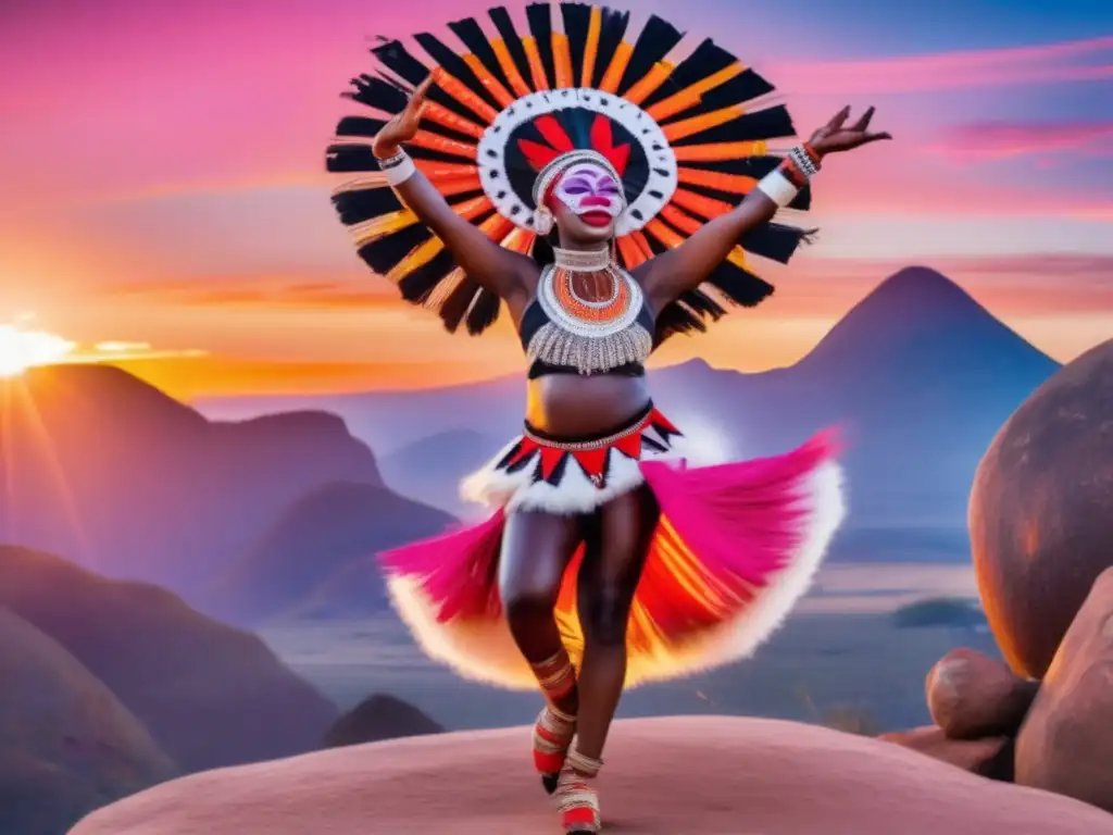 A majestic Zulu traditional dancer gracefully performs a celestial dance with the sun and asteroids in the background