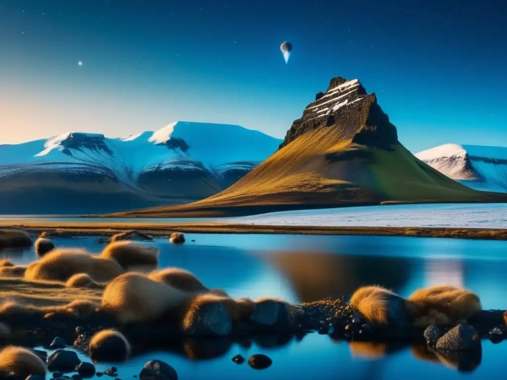 Dash: A mystical view of a celestial alignment in Iceland's sky, surrounded by snowcapped mountains and clear blue water, revealing the stunning wonder of the cosmos