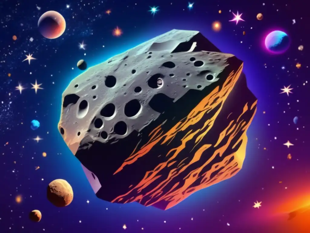 An artistically rendered image of an asteroid, surrounded by a vibrant array of colors and stars in a deep, spacethemed background