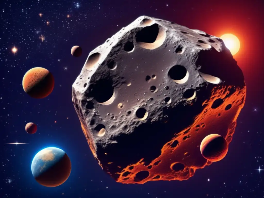A fiery red asteroid, illuminated by multiple celestial sources, stands out against a deep blue celestial environment