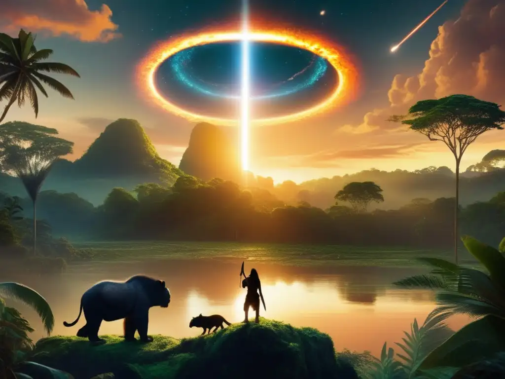 An ethereal asteroid dominates the Amazonian sky, casting a celestial halo that invokes both wonder and trepidation among the indigenous people below