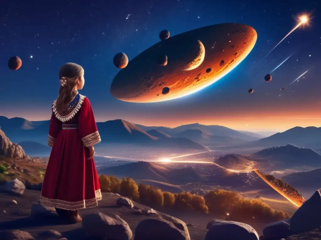 A photorealistic portrait of a young girl in traditional Bulgarian costumes, her teary-eyed face echoing the confusion and concern of her villagers as a celestial neighboring country with a large asteroid field hangs above, casting eerie shadows on the bridge across the river where a loved one is in danger of being hit by a falling asteroid