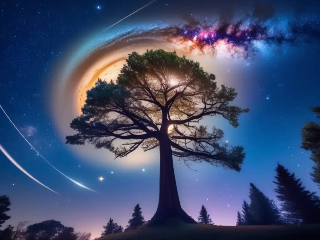 A surreal nightscape of a towering tree, its trunk and branches glowing with intricate celestial patterns, reaching towards the vibrant colors of a swirling galaxy in the leaf canopy