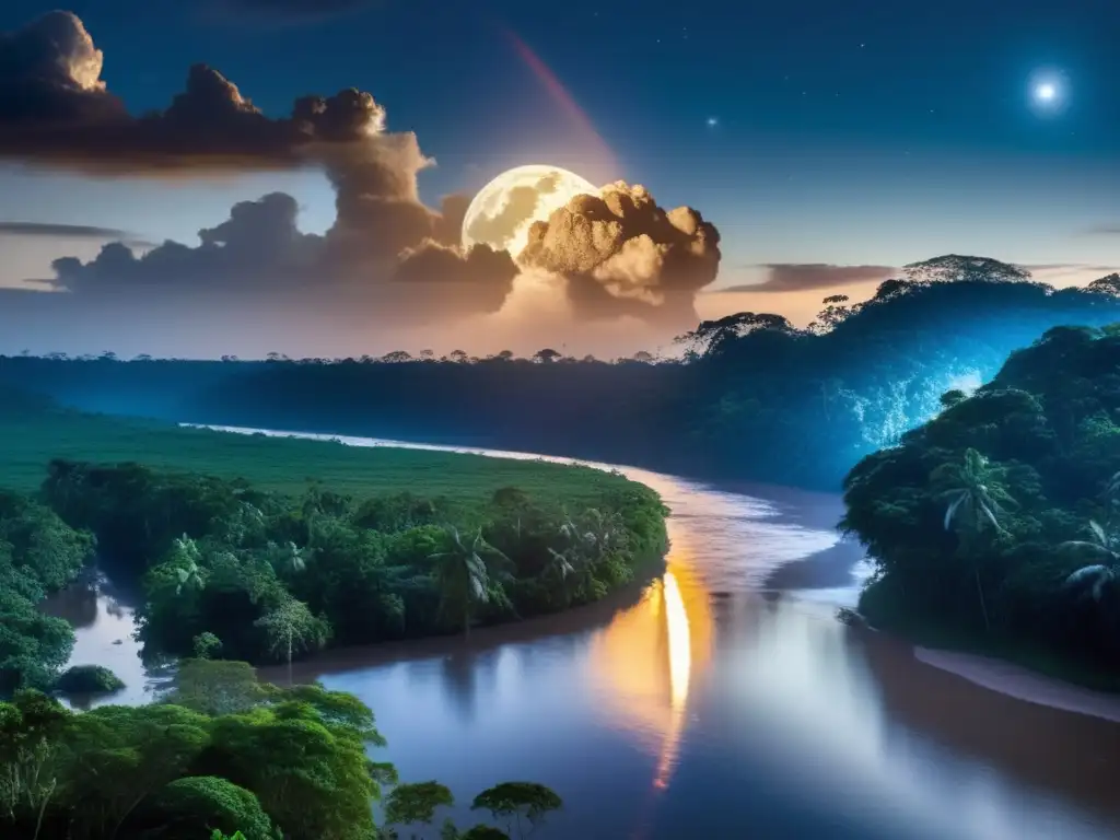A hauntingly beautiful photograph captures a moonlit river flowing through the heart of the Amazon rainforest