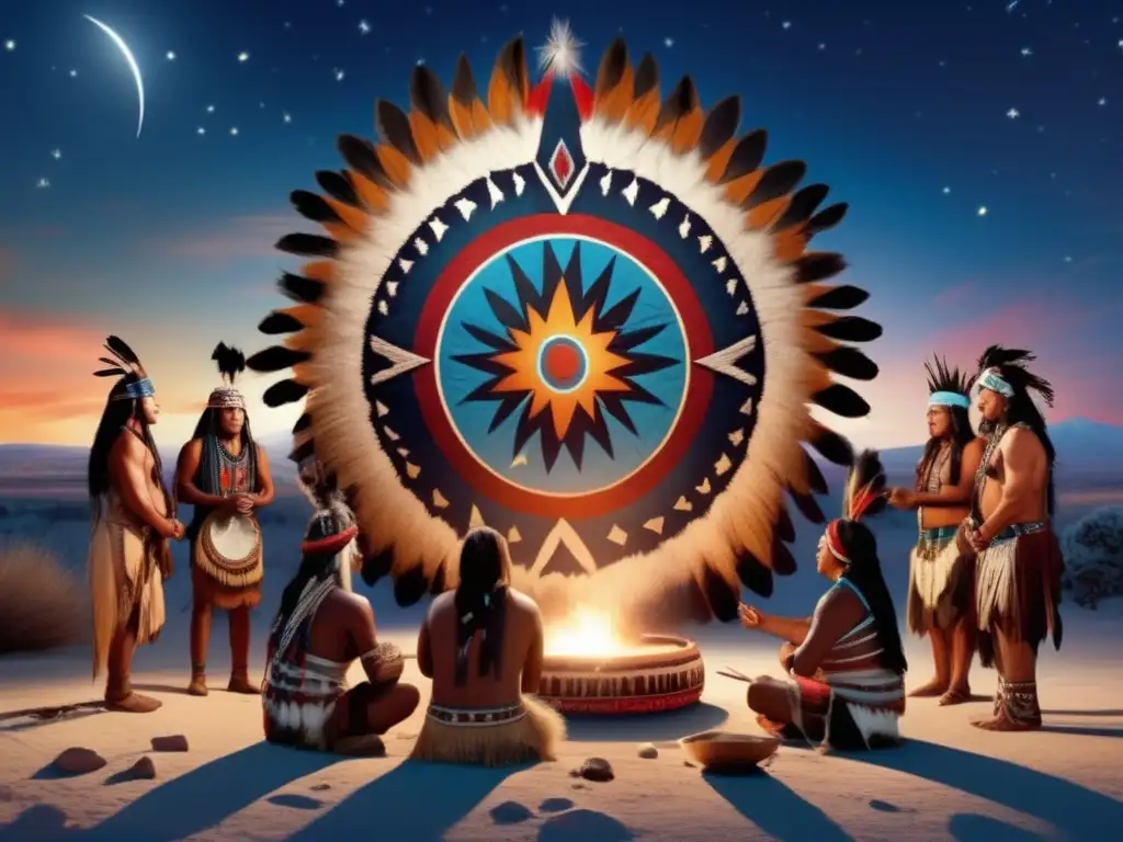 A mystical gathering of Native Americans, with a shaman performing a celestial ceremony surrounding an asteroid in deep sky