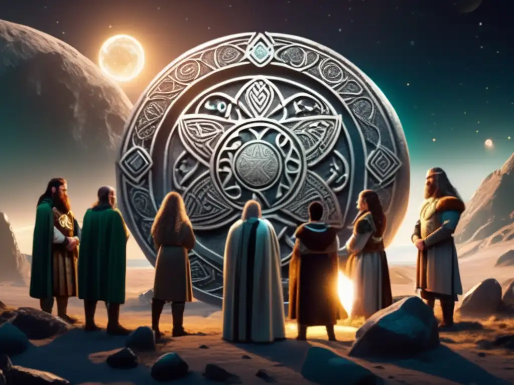 A band of Celts gather around a colossal asteroid, their weathered faces etched with reverence