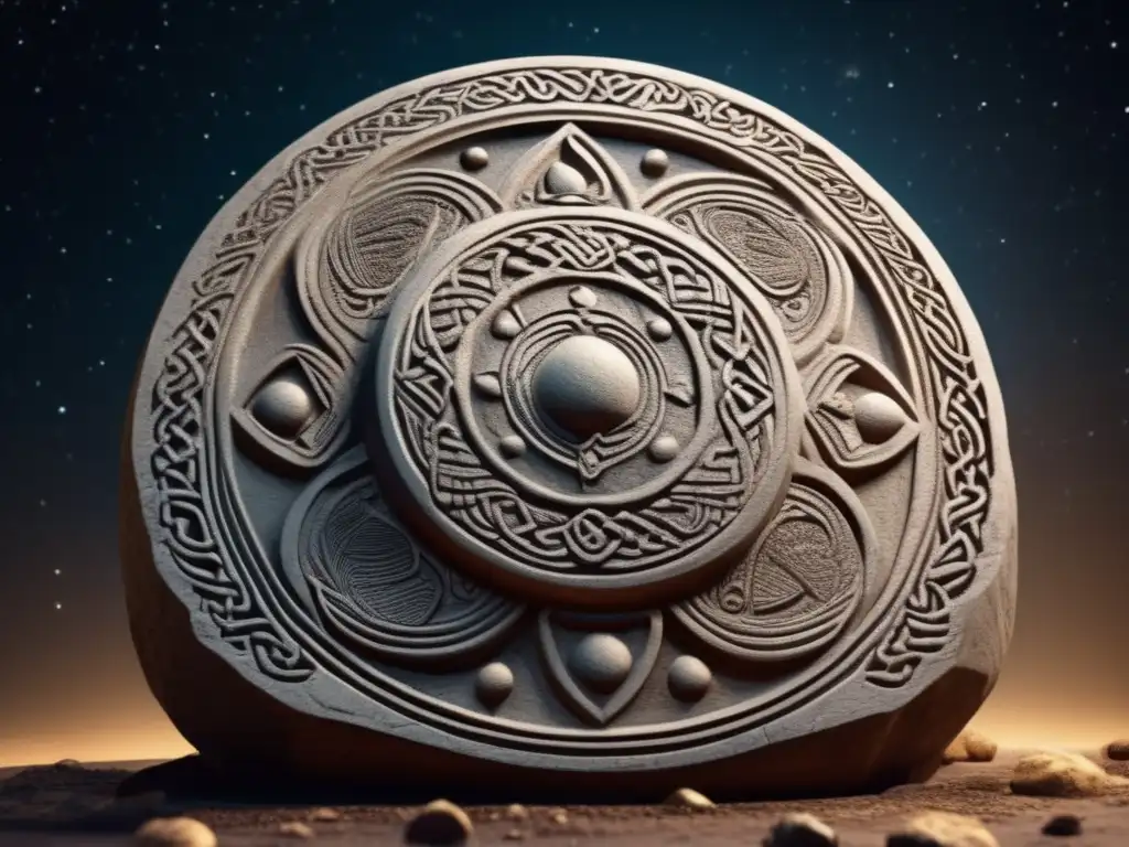 A mesmerizing Celtic stone carving of an asteroid shower, alive with mythical origins and intricate details