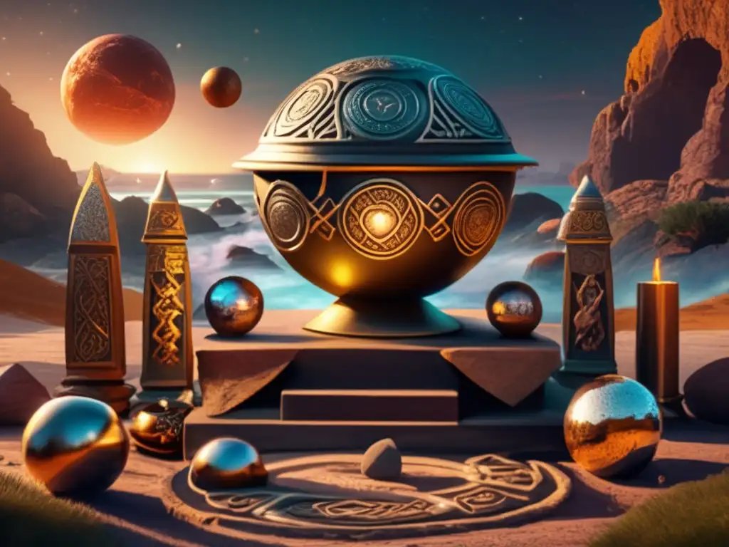 Ancient Celtic altar surrounded by warriors and intricate artifacts, as a priestess performs an intense ritual with a celestial globe of asteroids ablaze in the sky
