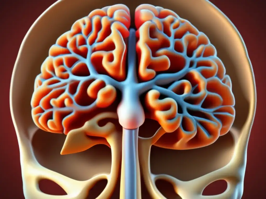 Photorealistic 3D cerebrum view, cutaway revealing intricate network of blood vessels & nerve fibers