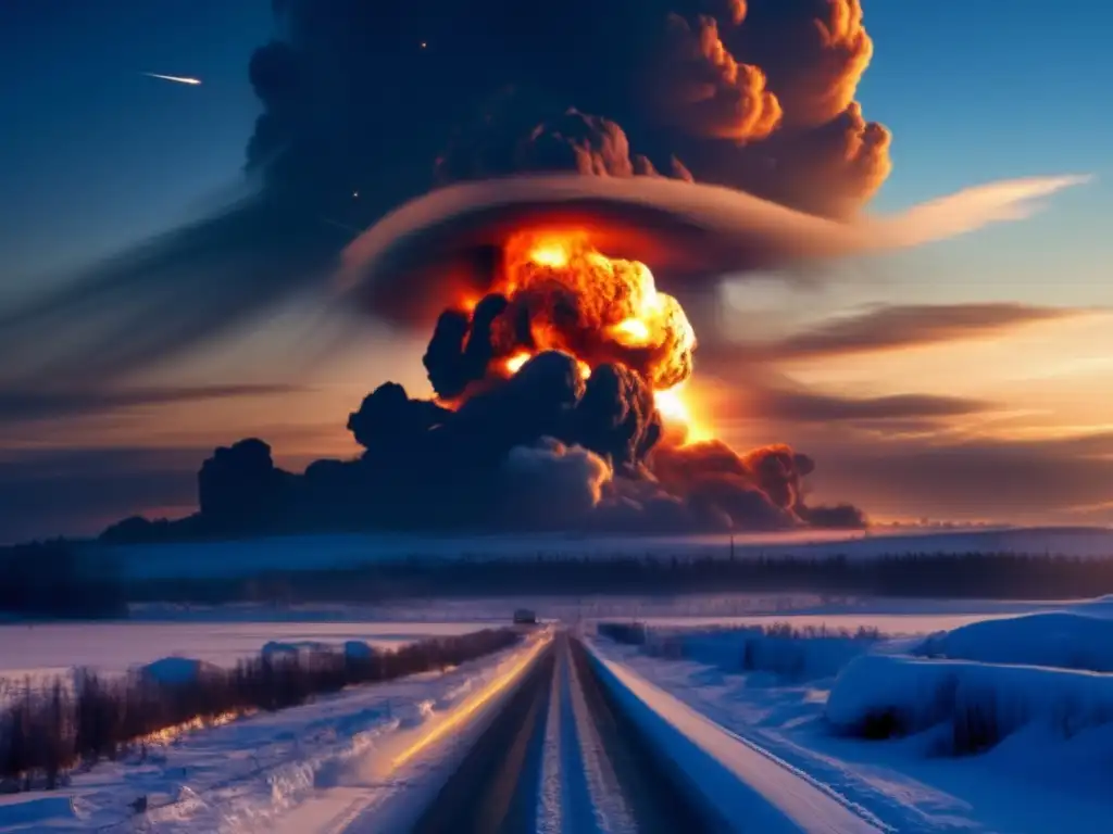 A mesmerizing photorealistic illustration of the Chelyabinsk asteroid impact event, capturing the path of the meteoroid, its fiery explosion, and the resulting massive shockwaves, smoke patterns, debris clouds, and flames