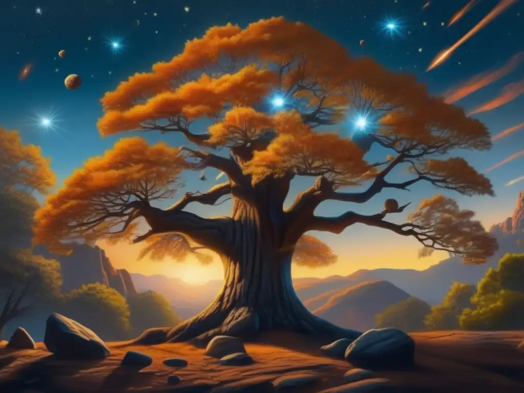 In this majestic painting, the Cherokee tree stands tall and proud, with asteroids cascading down from the sky