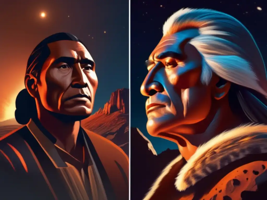 An atmospheric portrayal of a Cherokee chief and an asteroid, lit by dim firelight and casting long shadows over their faces