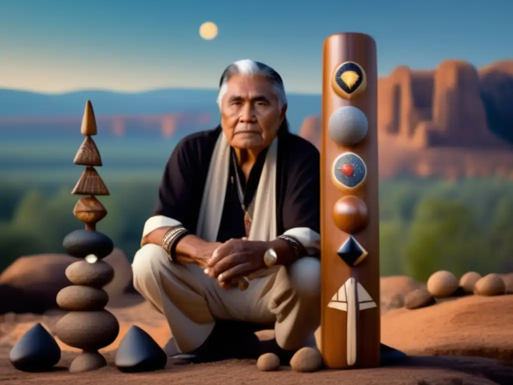 A striking image of a Cherokee elder proudly holding a traditional totem pole, intricately carved with asteroid belts, Vesta, and Ceres, all symbolizing the tribe's deep connection with the cosmos