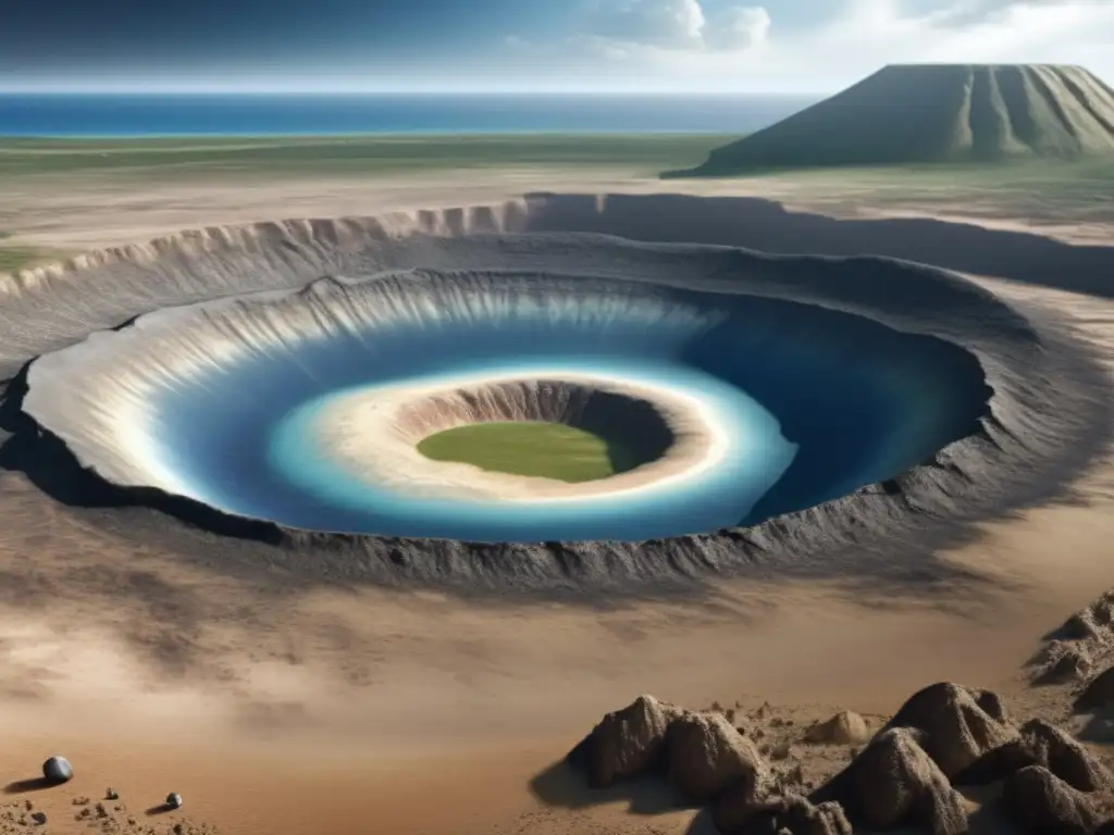 Photorealistic depiction of Chicxulub Crater, capturing the intricate details and textures of the impact site with stunning clarity